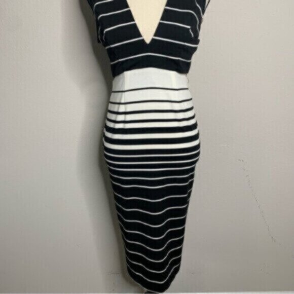 Nicholas Women’s Black & White Striped Midi Plunging V-Neck and Open Back Dress - Picture 10 of 15